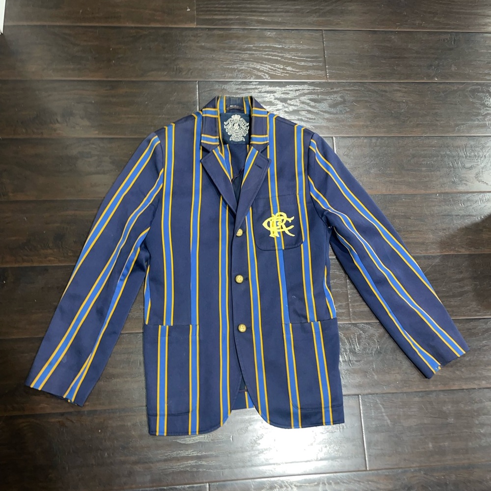 Vintage Rugby Ralph Lauren Crest Navy Yellow Striped Blazer Preppy Collegiate